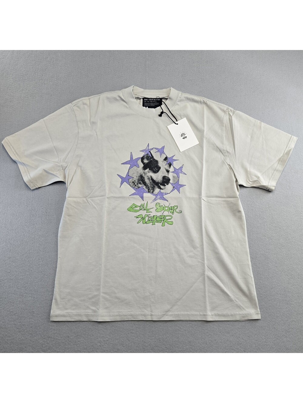 Eat Your Water Graphic T-Shirt Mens M Gray Stars Print Heavy Cotton Tee NWT